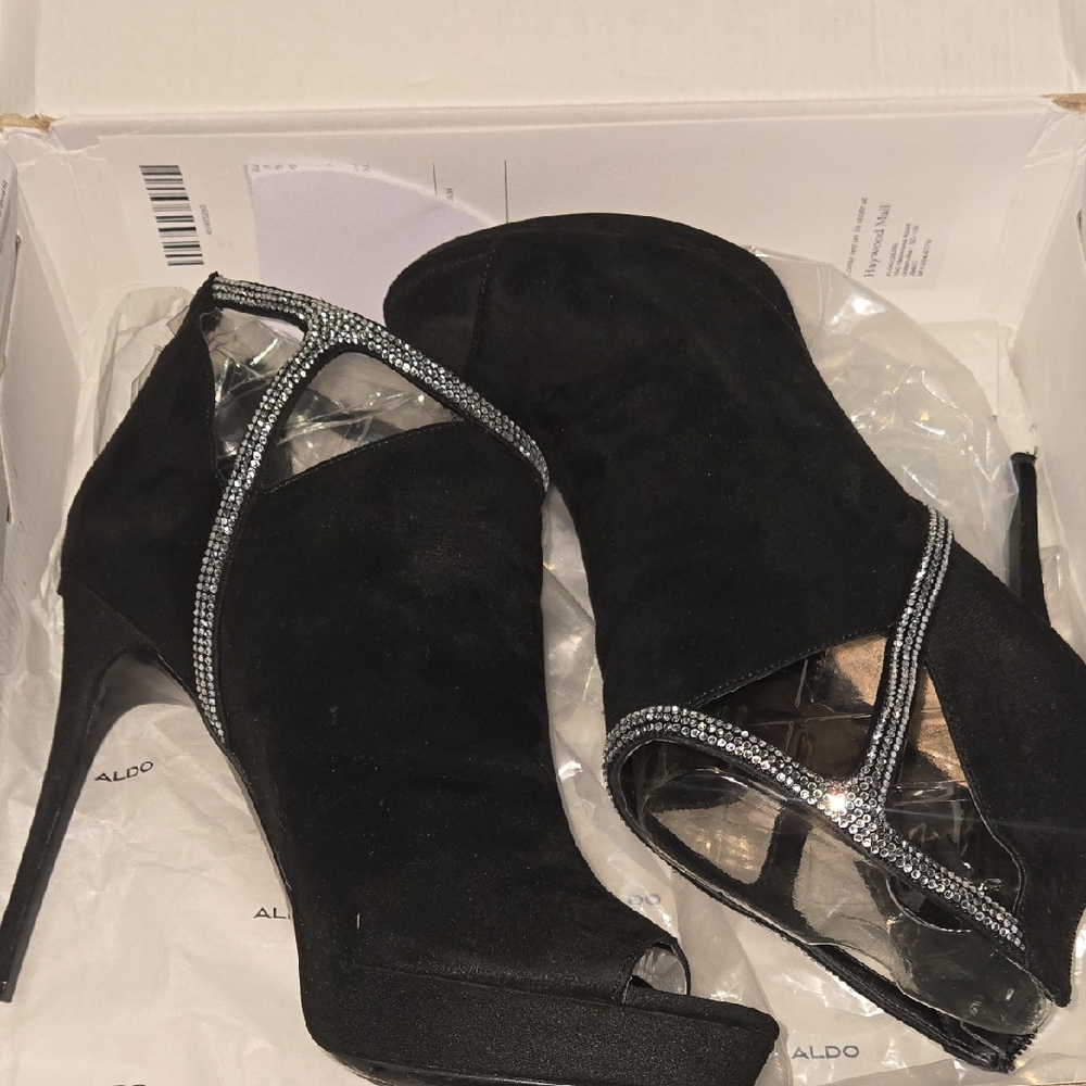 Aldo Black Heels, Open Toe, Bootie, with Silver Accents